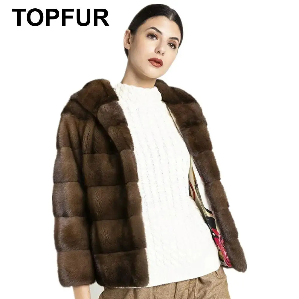 TOPFUR коричневое меховое пальто с капюшоном, натуральное меховое пальто для женщин, зимняя шуба из натуральной норки, короткий рукав три четверти, свободная куртка