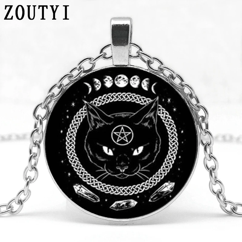 Silver /Горячая, пять звезд, Черный кот, стеклянный кулон, подвеска с инкрустацией, ожерелье, дамы, мужчины, носить ювелирные подарки - Окраска металла: Silver