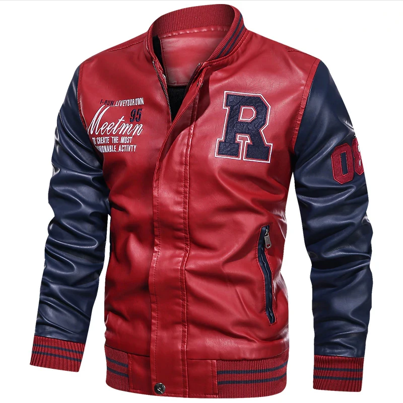 

Men's spring and autumn new leather jacket men's casual jacket PU jacket baseball plus velvet stand-up collar men's leather jack