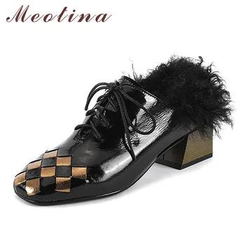 

Meotina High Heels Women Pumps Natural Genuine Leather Thick Heel Shoes Mixed Colors Square Toe Pumps Lady Autumn Big Size 34-42