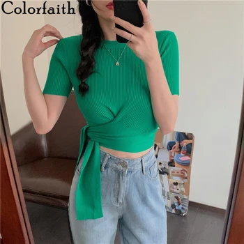 

Colorfaith New 2020 Women Summer T-Shirts Solid Multi Colors Knitting Casual Pleated Elasticity Sexy Lace Up Short Tops T4905