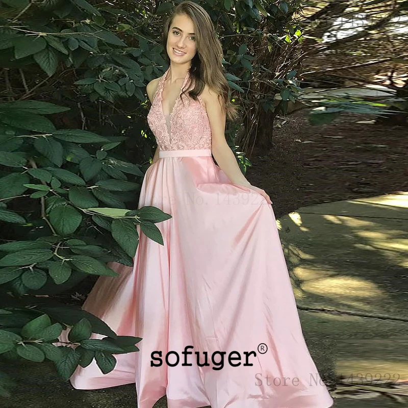 Pink Halter Satin Evening Dresses Prom Aline Sash Lace Appliques Long Arabic Muslim Special Occasion Plus Size