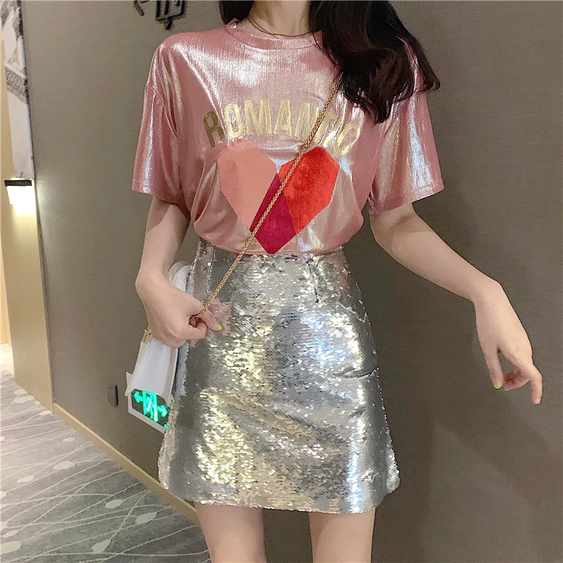 Spring Summer Skirts Women Korea Mini Hip Skirt Sequined Bling Pencil Skirt Chic High Waist Skirt Female for Party Club
