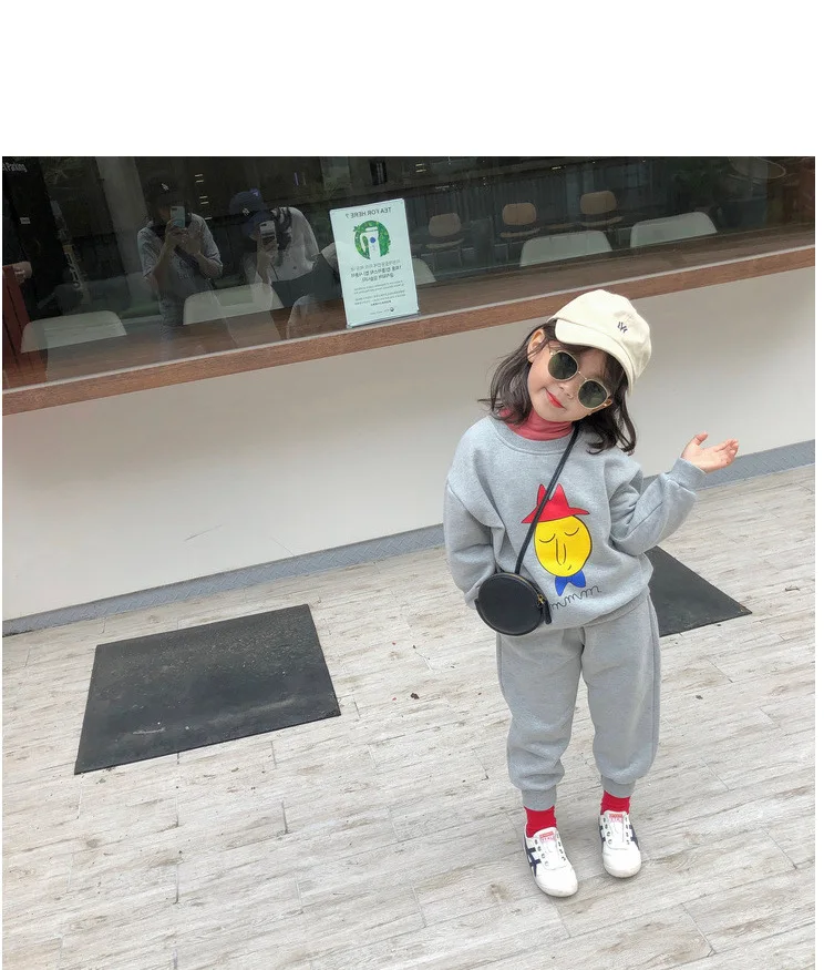 2PCS WLG girls clothing set kids winter velvet thick gray pink cartoon printed hoodie and pant set baby girl casual warm clothes