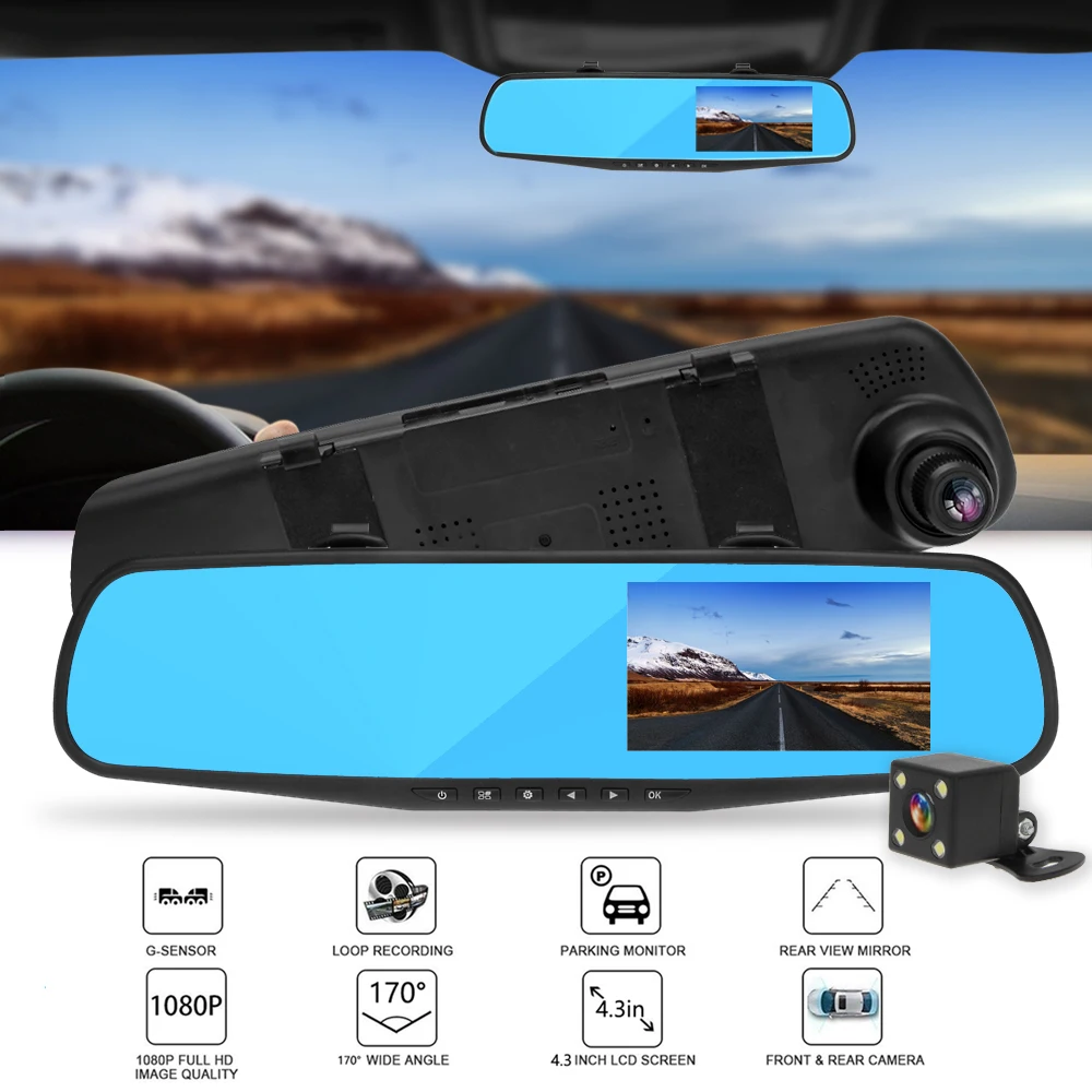 Зеркало заднего вида с двойной камерой 4 3 дюйма HD 1080P в 1 | Автомобили и мотоциклы