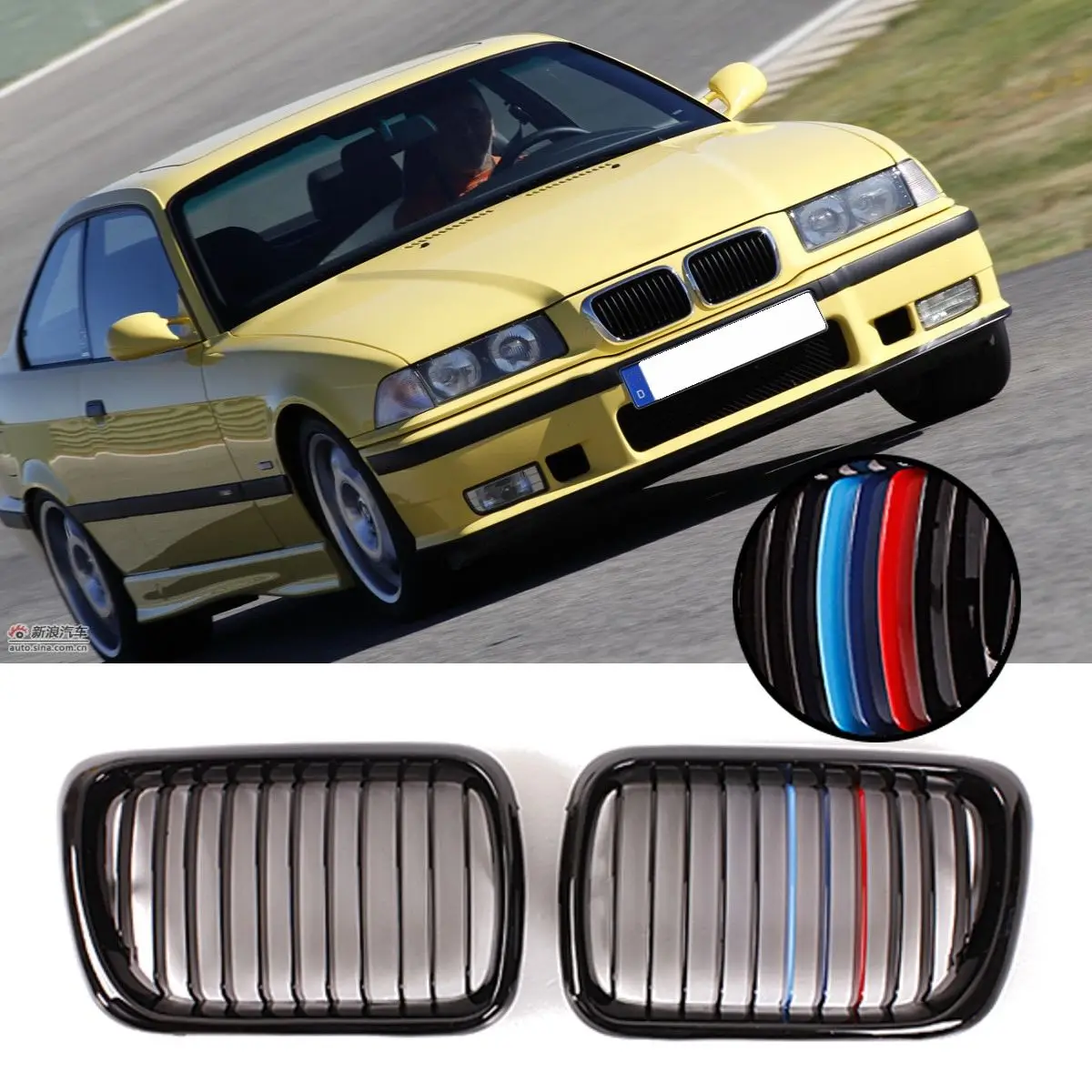 For BMW 3 Series E36 M3 1997-1999 M Color Gloss Black Front Kidney Grille Grill~