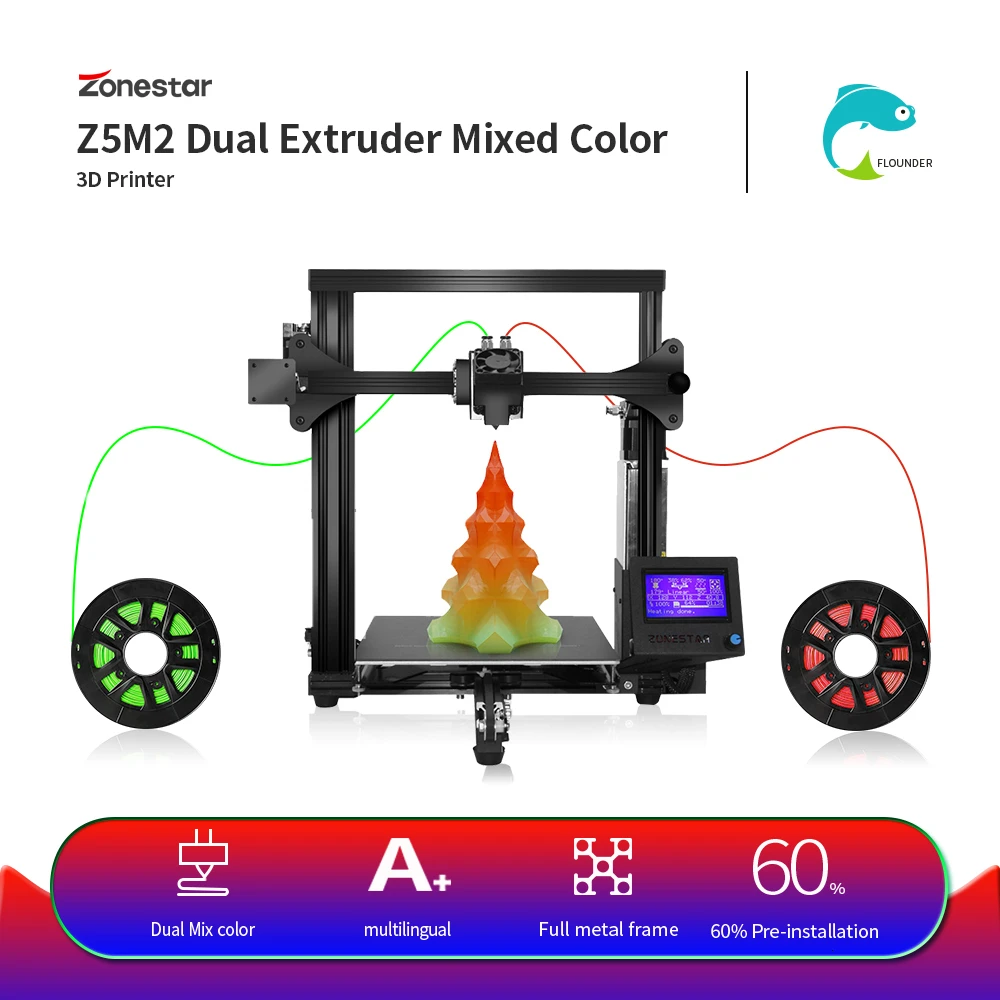 

ZONESTAR Z5M2 3d Printer Classic Full Metal Aluminum Fast Assembly Cheap 3d Printer Dual Extruder Auto Mix Color 3d Kit Printer