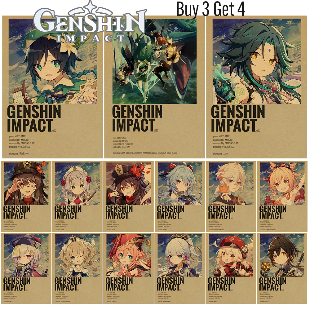 Genshin Impact Anime Posters Kraft Paper Prints Home Room Decor Study Bedroom Bar Cafe Wall Paintings Cartoon Wall Stickers