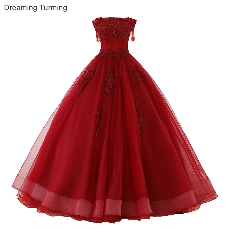 Дешевые Длинные Бордовые Платья Quinceanera тюлевые аппликации кружево элегантное платье принцессы бальное платье праздничное платье Сладкий