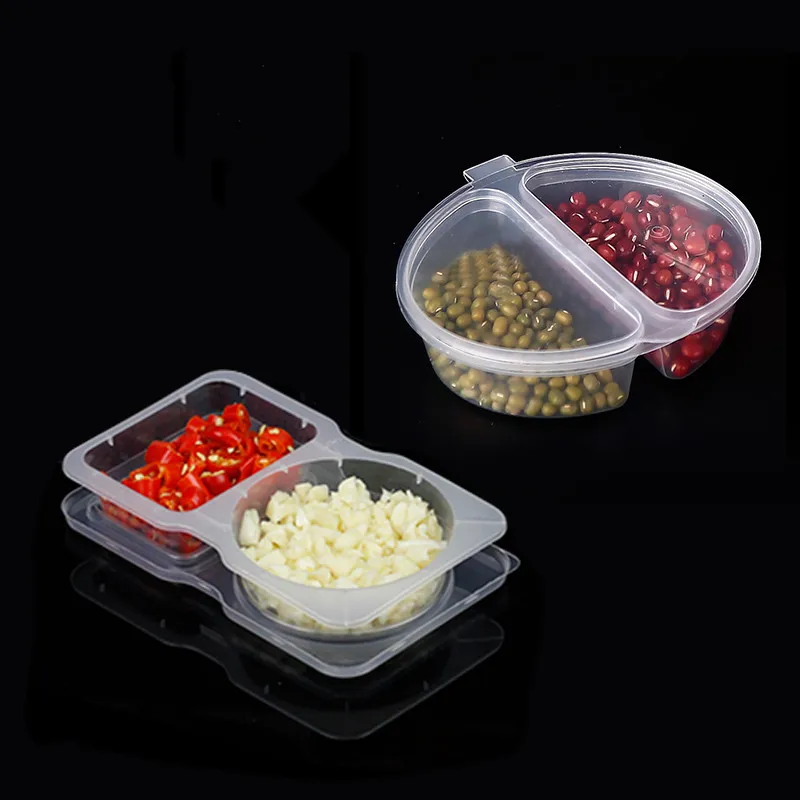 

40pcs High quality disposable small box double grid creative pudding salad chili sauce takeaway packaging plastic cup with lid