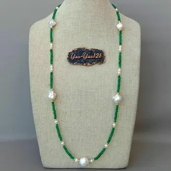 

31" Freshwater White Keshi Pearl Green Gems Stone Long Necklace