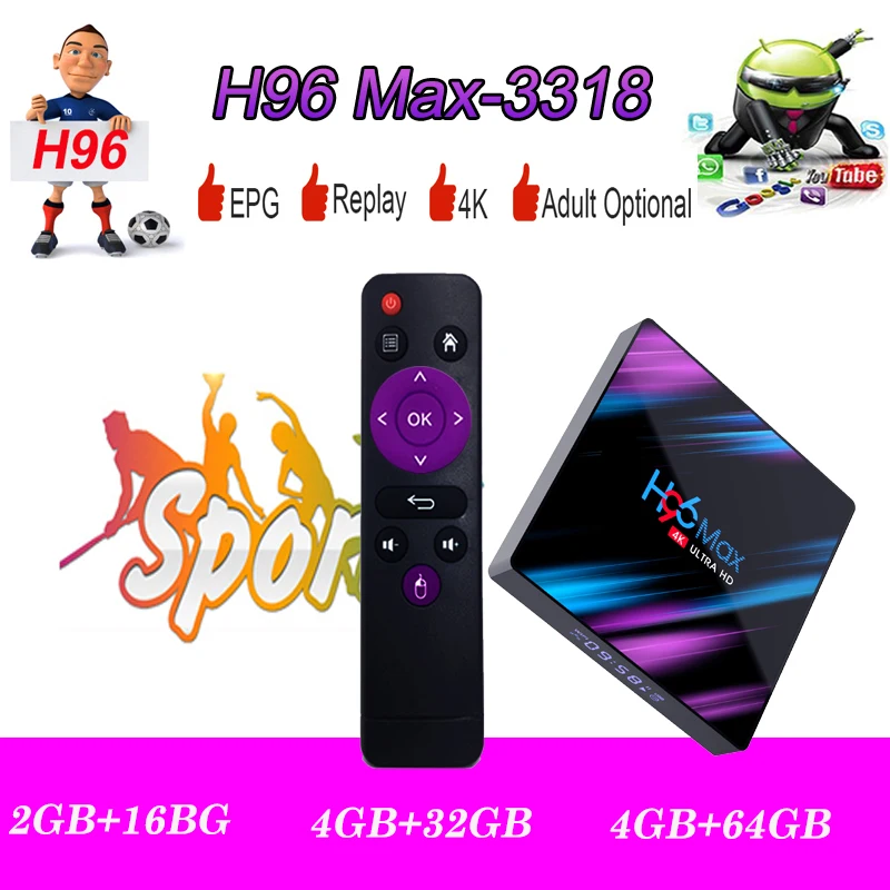 

H96 Max-3318 Smart TV Box Android 9.0 2.4G /5G WiFi 64G Spain portugal Netflix Youtube iptv m3u subscription H96 tv set top box