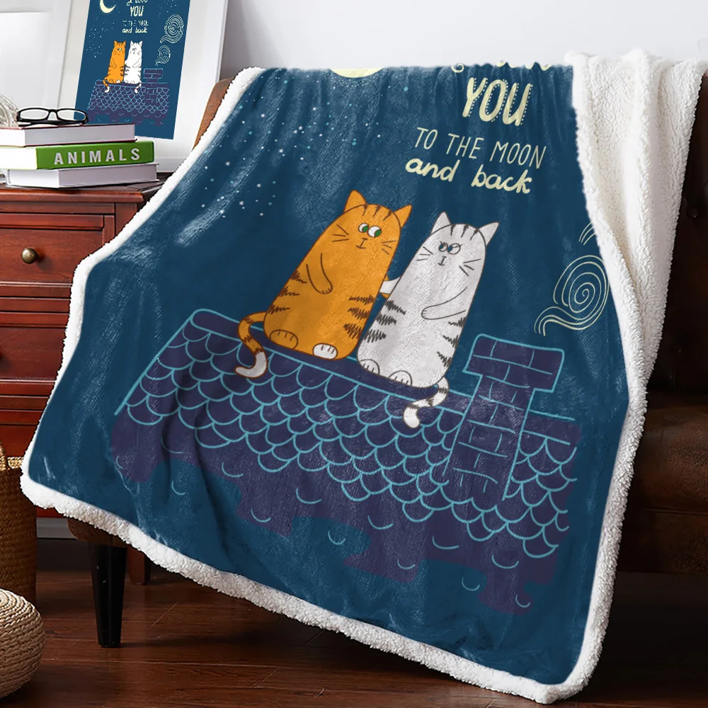 Winter Cashmere Blanket Two Cats Cartoon Roof Night Bedspread Bed Cover