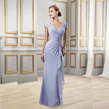 

Periwinkle Charming Sheath Chiffon Long V Neck Mother of the Bride Dresses With Short Sleeves Wedding Guest Gowns Back Out