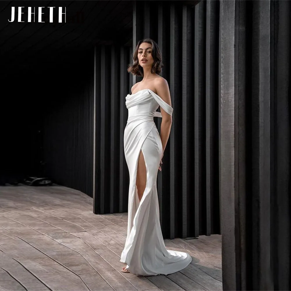 JEHETH Simple Off the Shoulder Soft Satin Mermaid Wedding Dress 2021 Sexy High Side Slit Bridal Marriage Gowns Свадебное платье