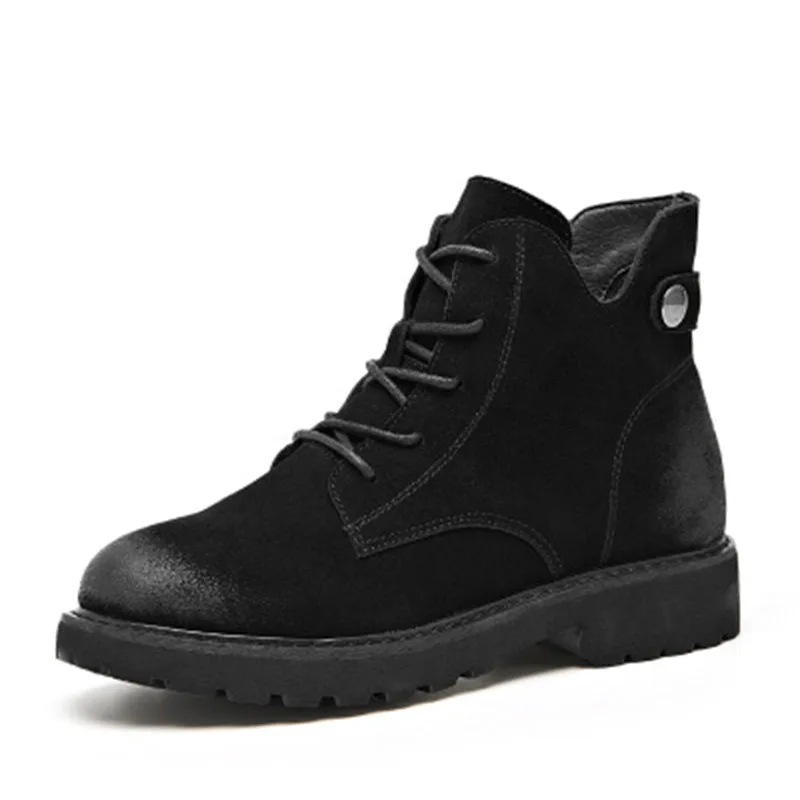 

2019 New Fur Warm Comfortable Genuine Leather Boots Women Black/Brown Martin Ankle Cross-Tied Vintage Chelsea Boots Women