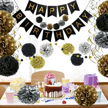 

Birthday Party Decoration Supplies Colorful Decoration with Birthday Banner Swirl Decoration Pom Poms