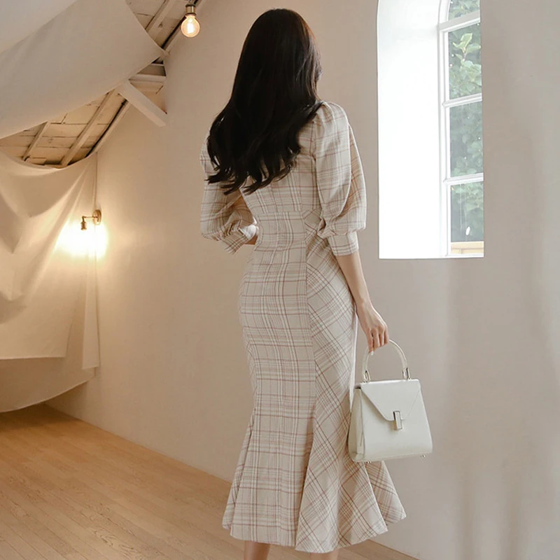 Fashion women new arrival elegant ruffles cute formal dress vintage party sexy slim plaid fresh cute lovely trumpet dress