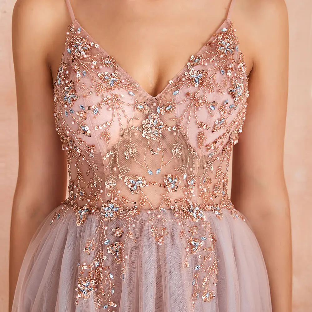 Vestidos De Gala сексуальное длинное Тюлевое вечернее платье с глубоким v-образным вырезом, бисерное вечернее платье с открытой спиной и разрезом