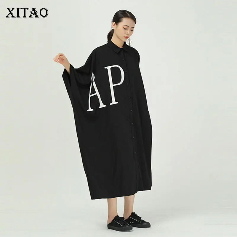 Платье с буквенным принтом XITAO винтажное повседневное плиссированное платье