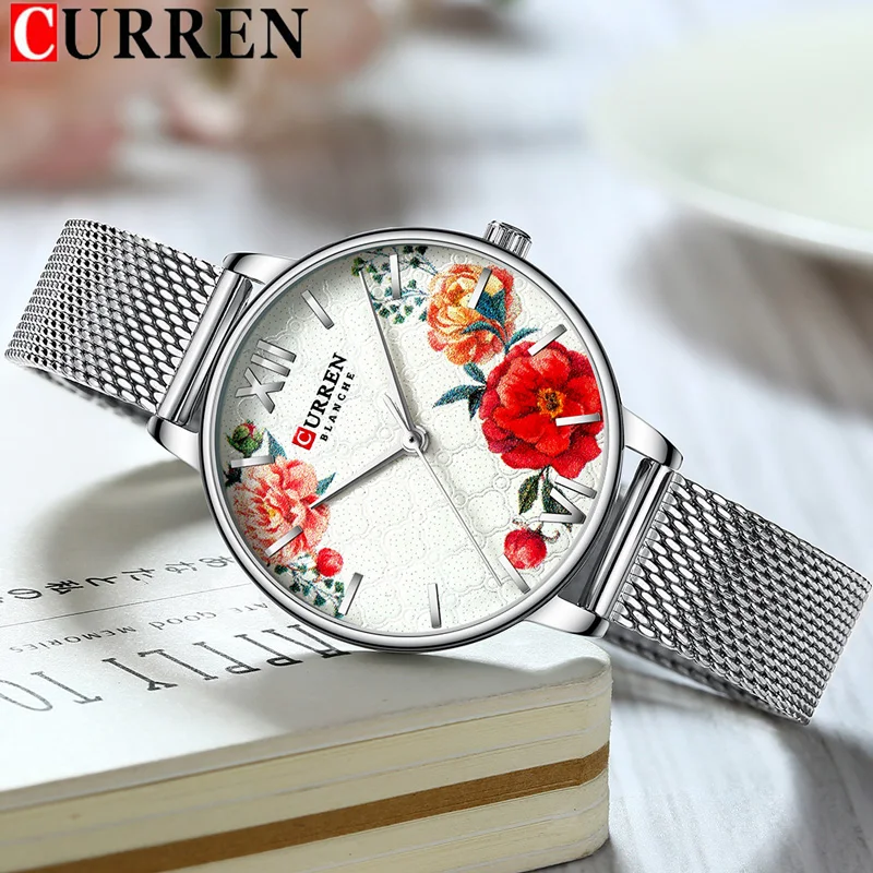

CURREN Women Watch Top Brand Luxury Silver Female Waterproof Clock Mesh Stainless Steel Bracelet Flower Ladies Wristwatch 9060