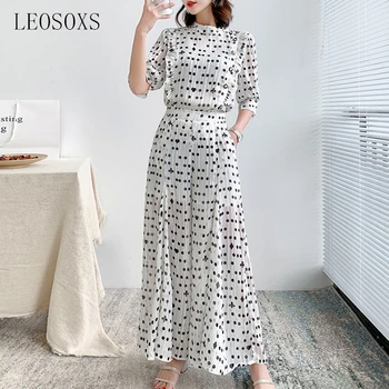 

celebrity dresses Women Two Piece Sets O Neck Lantern Half Sleeve Top High Waist Full Length Pant Polka Dot Suits Female