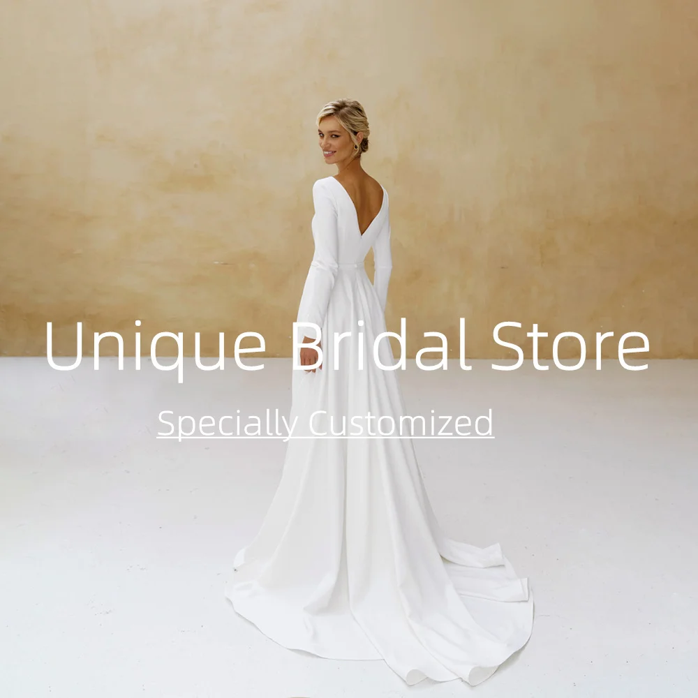 UETEEY Boat Neck Jersey Wedding Dress A-Line  Long Sleeve Zipper Back Sweep Train 2022 Bride Gowns Vestido De Noiva