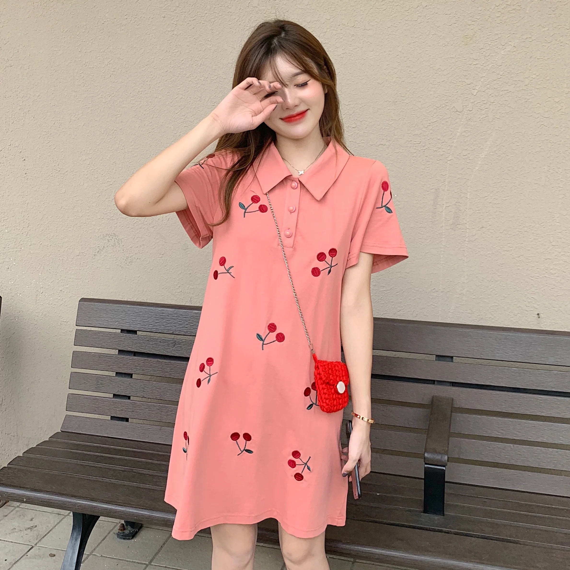 

Women's Summer Kawaii Lovely Dresses Ins Chic Loose Cherry Embroidered Dress Female Sweet Harajuku Punk Clothes For Women