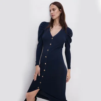 

2020 ZA New Puff Sleeve Knit Dress Women Slim V-neck Long Dress Bottoming Dress Long Sleeve Split Single Breasted Personality