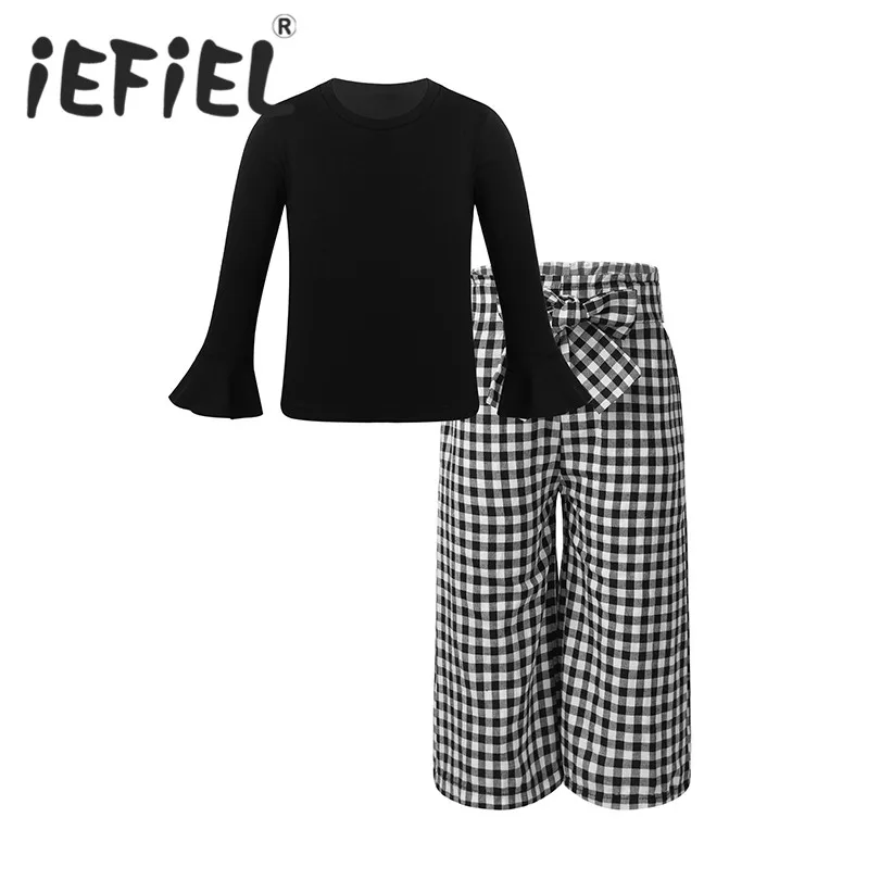 

2020 Kids Girls Autumn Clothes Sets Long Sleeve T-shirts + Plaid Wide Leg Pants Autumn Children's Clothing Teenage School Girls