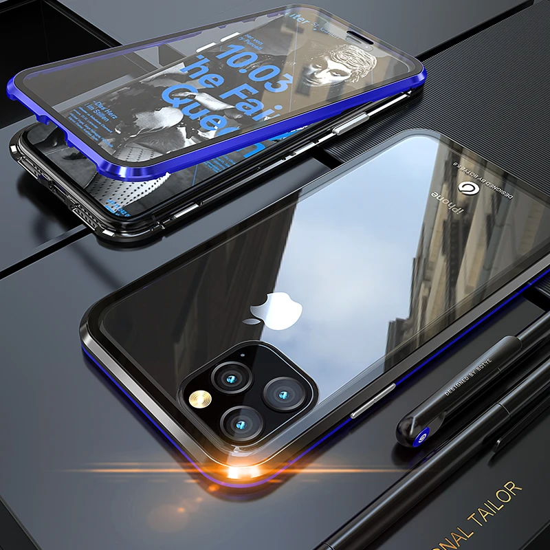 Magnetic Case Full Protect For iphone 11Pro Max Luxury Armor Shockproof Metal Frame Clear Tempered Glass Cover For iphone11 Pro - Цвет: black blue