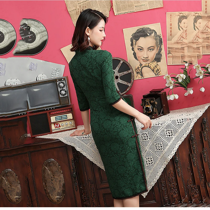 Винтажное китайское женское современное Qipao платье с большим разрезом, сексуальное Чонсам с цветами, воротник-стойка, 1/2 рукав, длинное Qipao Vestidos