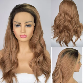 

Dark Roots to Brown Ombre Wig Synthetic Lace Front Wig for Women Heat Friendly Fiber Hair Half Hand Tied Daily Wear Makeup Wigs