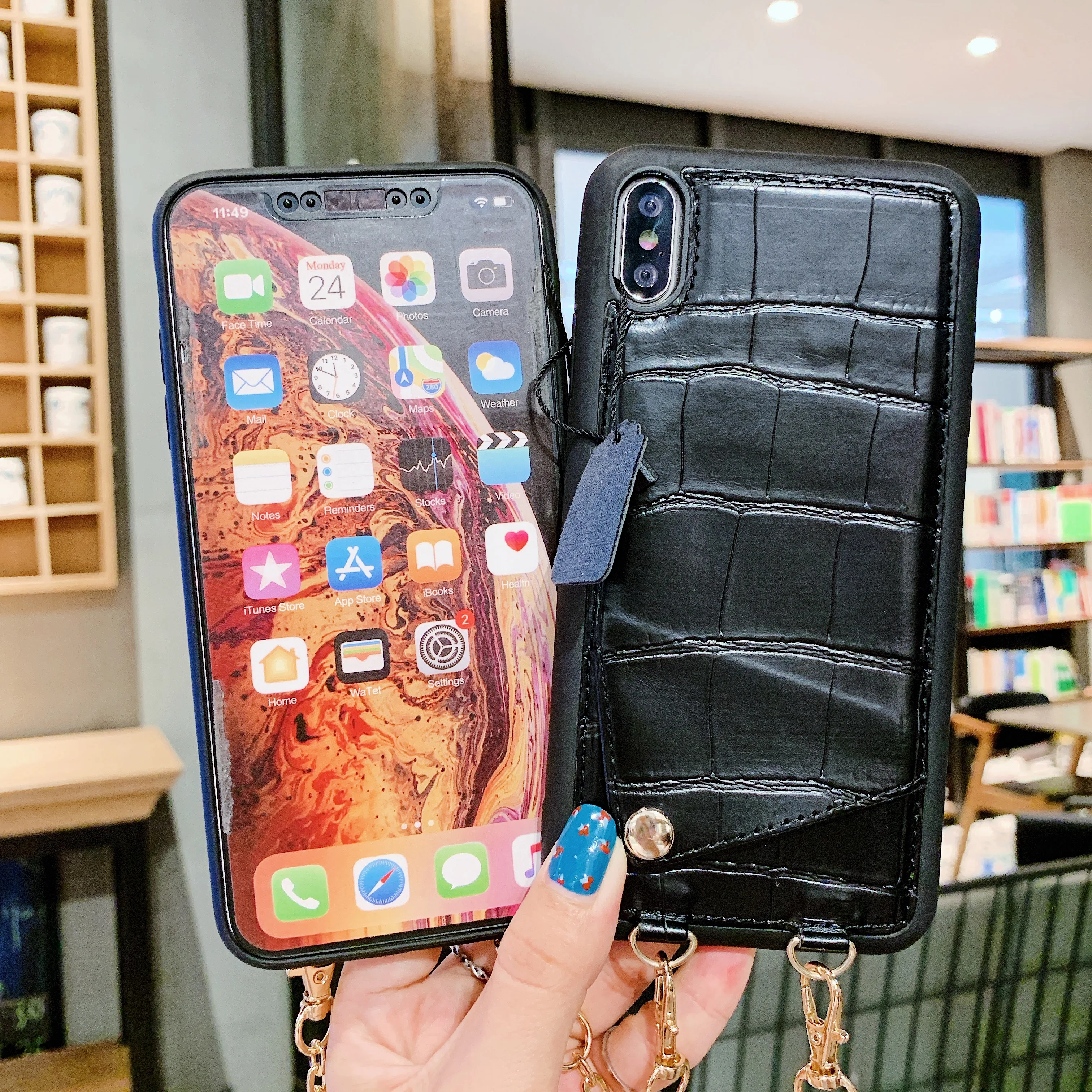 

Luxury Lanyards Crocodile Genuine Leather Back Case For iPhone 7 8 Plus Xs XR XS MAX Soft Cover Handbag