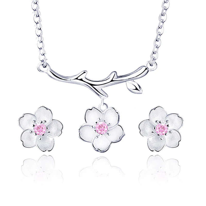 Модные свадебные комплекты ювелирных изделий 925 стерлингового серебра вишни цветок ожерелья серьги для женщин - Окраска металла: 1set