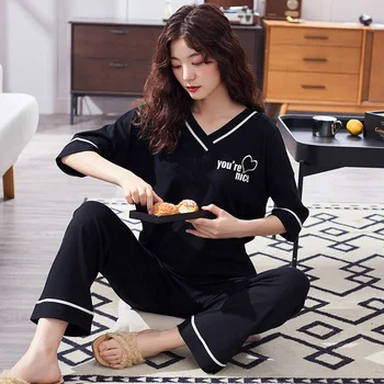 

Pure Cotton Pajamas Women's Summer Short-sleeved Trousers Two-Piece Set Thin Korean-style Large Size Japanese-style Tracksuit Wo