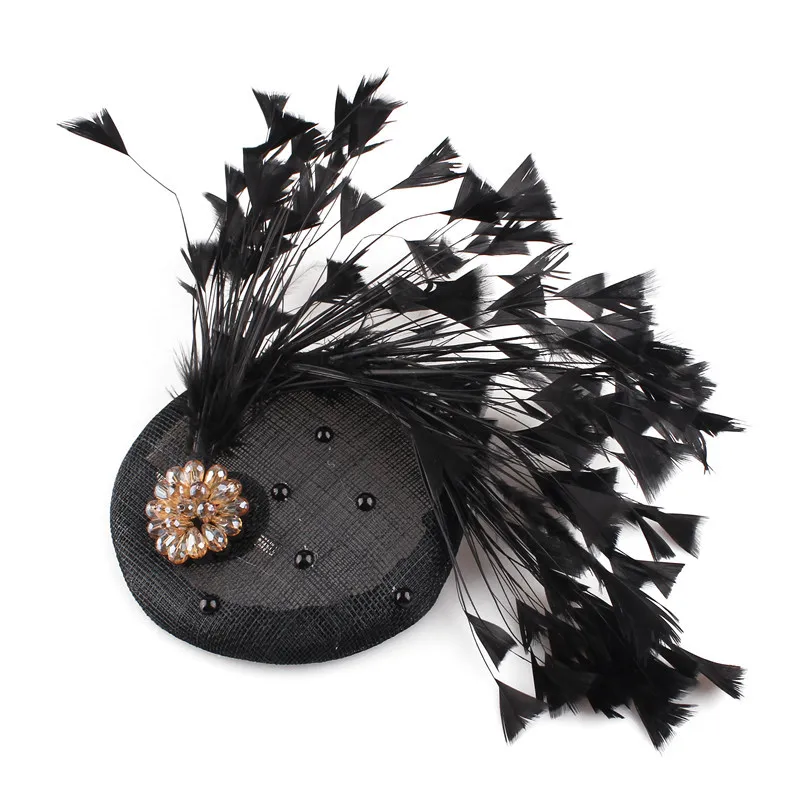 FS Vintage Blue Weddings Hat With Feather Headwear Ladies Elegant Fascinators Hats Big Flower Black Church Derby Red Hats 1