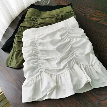 

Korean Elegant Pleated Skirts Summer 2020 Sexy Zipper Fly High Waist Ruffles Lady Jupe Solid Color Knee Lenght Female Skirts