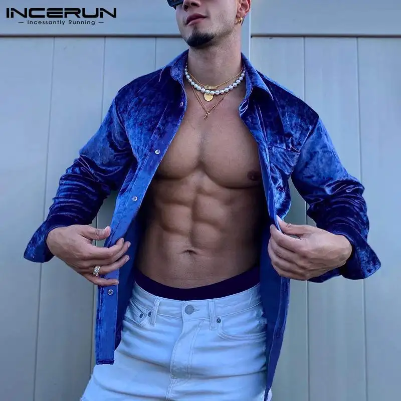 INCERUN-Camisa de calle con botones para hombre, camisas de Color liso, manga larga, cuello vuelto, 5XL, moda 2021