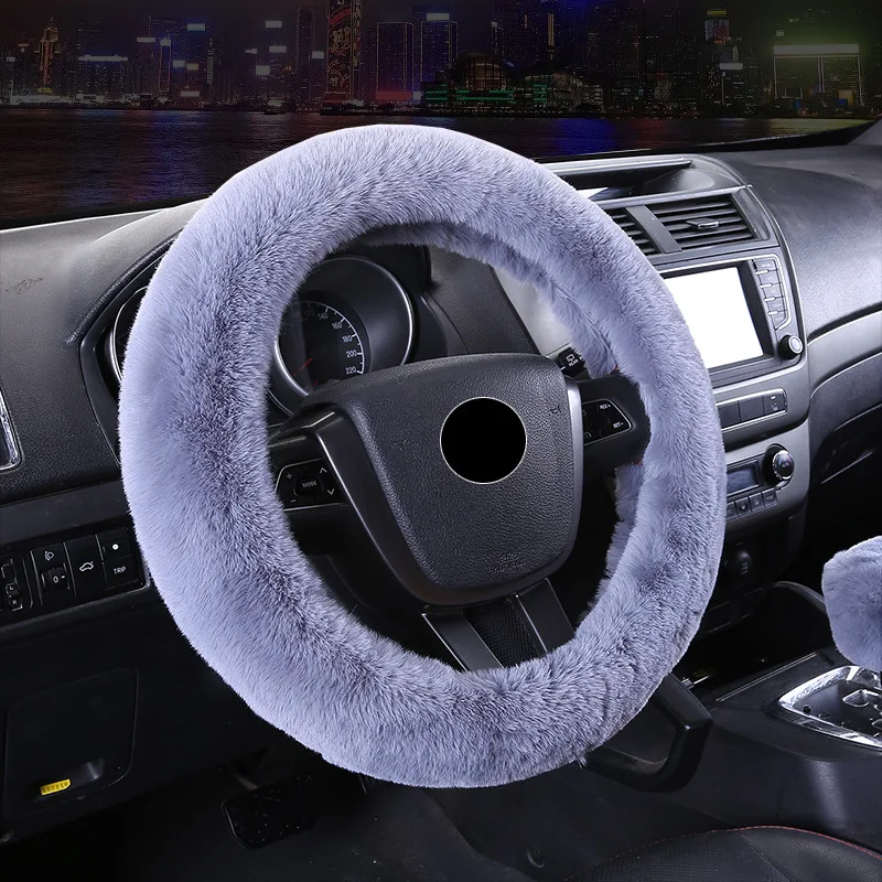 Winter Artificial Rabbit Hair Car Steering Wheel Cover Cute Warm Plush Car Handle Gear Set Lever Hand Brake Set Three-Piece
