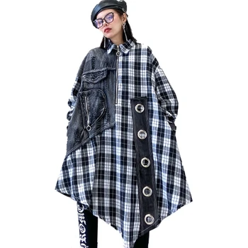 

QING MO Spring Women Plaid Blouse 2020 Women Black Irregular Blouse Female Vintage Loose Dress Blended ZQY3057