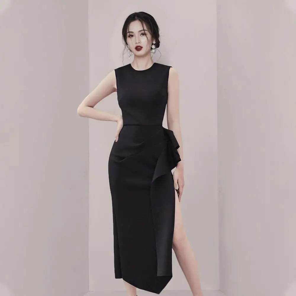 

Spring and summer new fashion European and American women's round neck temperament waist slim Slim long dress