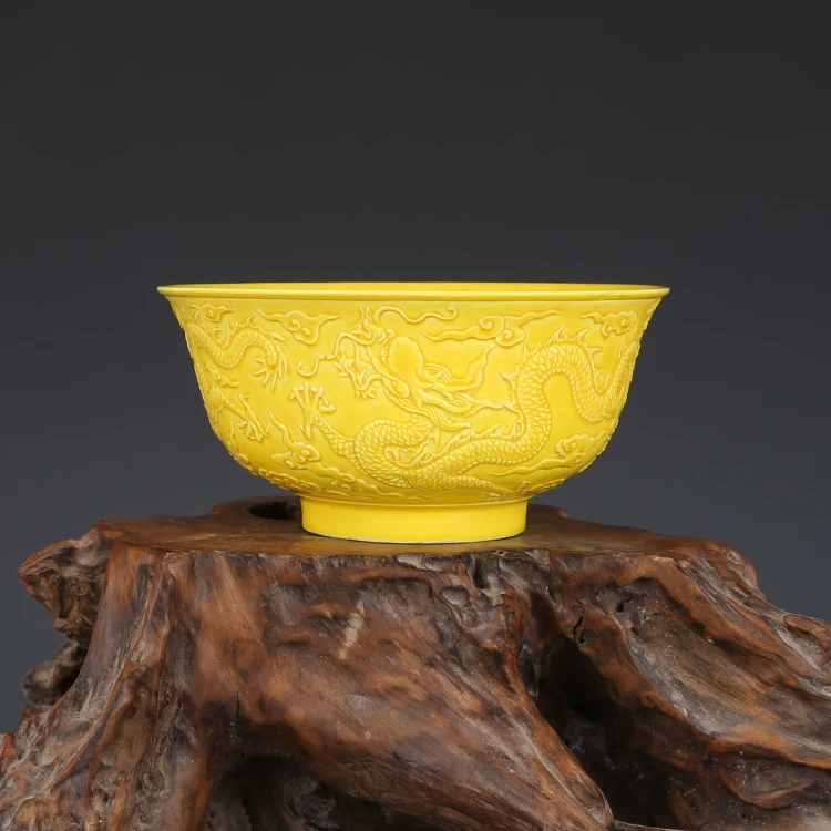 Ming Hongzhi нежная желтая глазурь скульптура чаша с драконом антикварные Цзиндэчжэнь фарфоровая Коллекция украшения