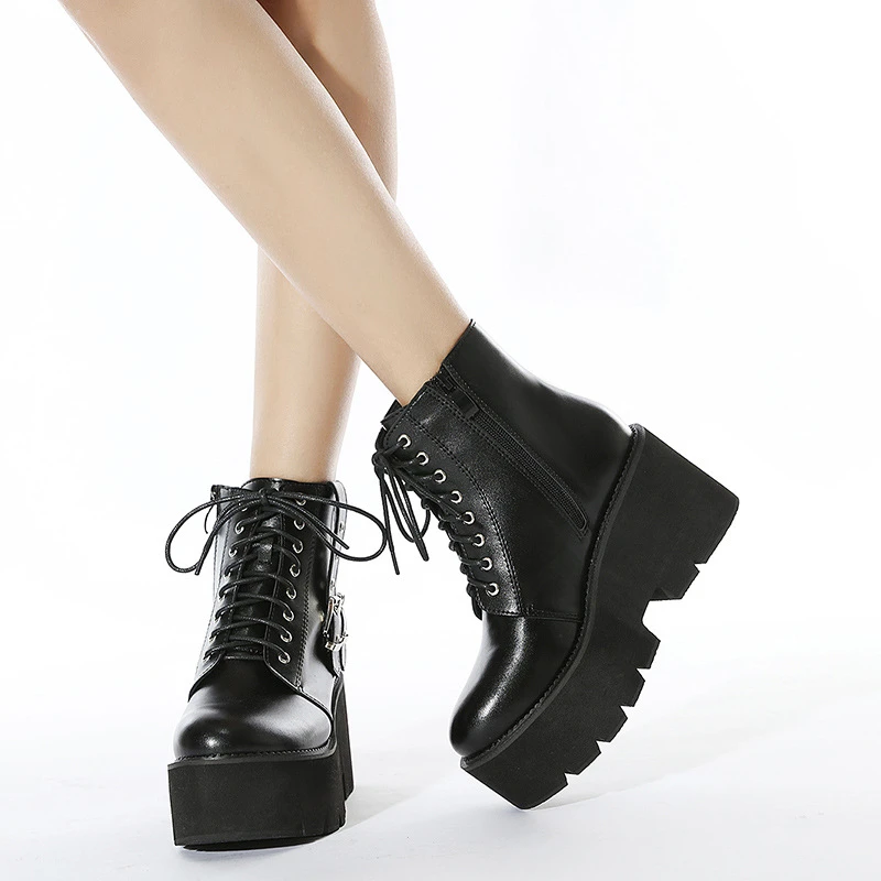 Botas de plataforma alta para mujer, de piel auténtica con suela resistente al desgaste, con cordones y hebilla, color negro, PW058|Botas hasta el tobillo| - AliExpress