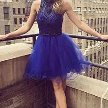 Vestidos de graduacion Королевский синий Новое поступление Иллюзия Высокая шея бисером без рукавов органза Пояса длиной до колена платье для выпускного вечера