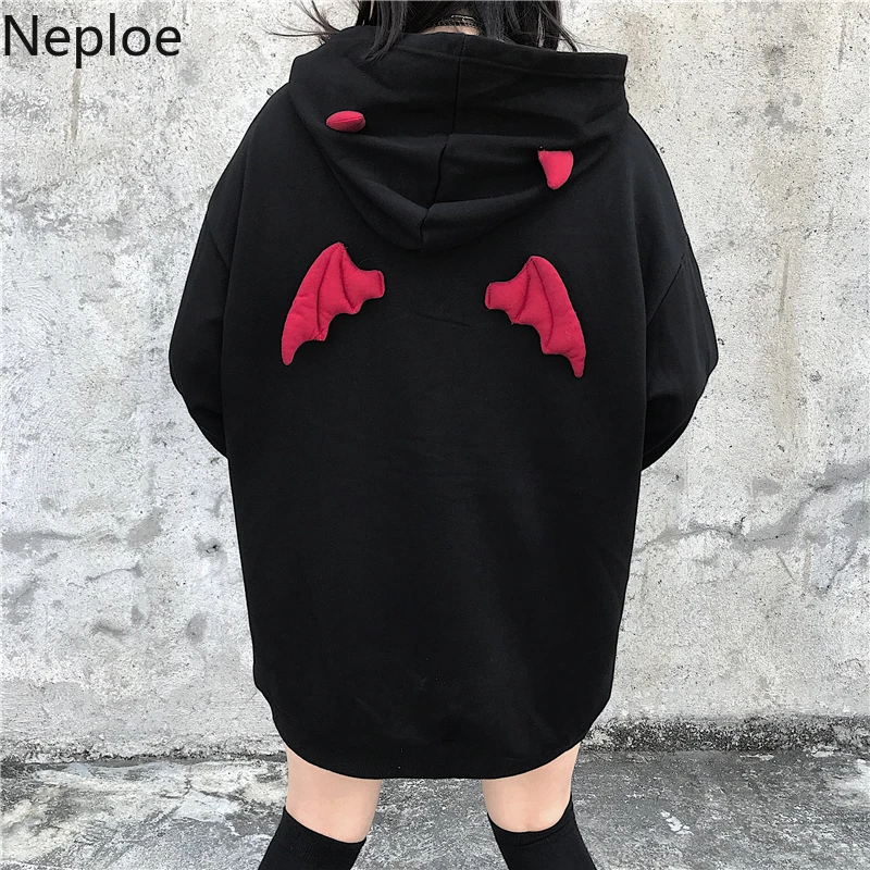 Neploe/толстовка с капюшоном и надписью Devil Wing, готические черные толстовки с капюшоном для женщин, большие размеры, уличная одежда, Harajuku, длинный пуловер, джемпер 55170