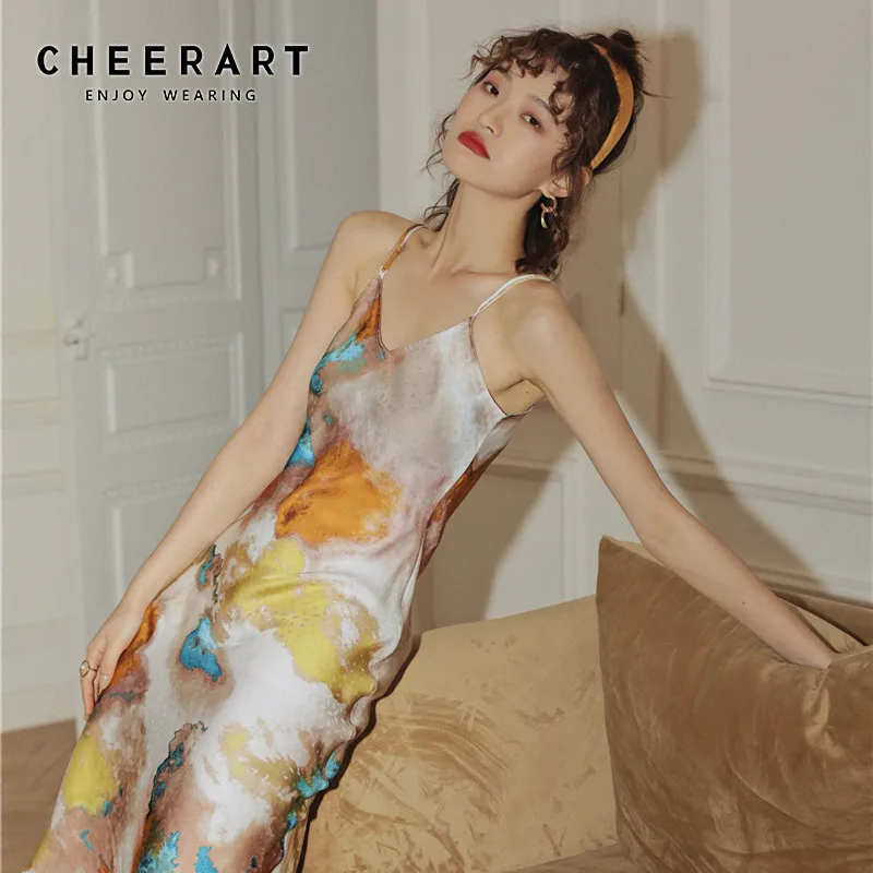 

CHEERART Oil Painting Spaghetti Strap Bodycon Dress Women V Neck Backless Aesthetic Frill Dress 2020 Summer Fashion