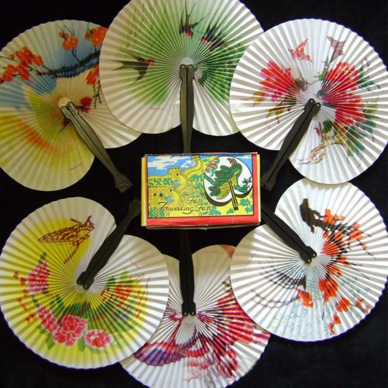 

1 Piece Foldable Paper Fans Hand Held Folding Fans Creative Retro Windmill Small Round Paper Fan Chinese Style Hand Fan Wedding