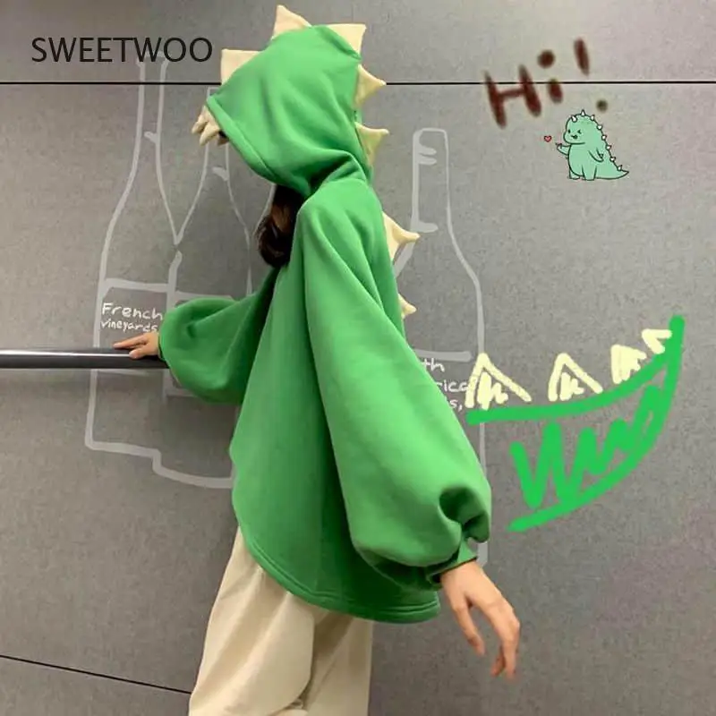 Dinosaur Sweatshirt Women Hoodies 2021 Loose Korean Sculpture Girlfriends Autumn Winter Sisters Outfit Plus Fleece Hooded Jacket