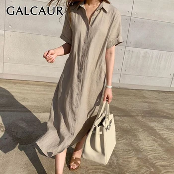 

GALCAUR Korean Simple Women's Dress Lapel Collar Short Sleeve High Waist Lace Up Oversize Midi Dresses Female 2020 Fashion Tide